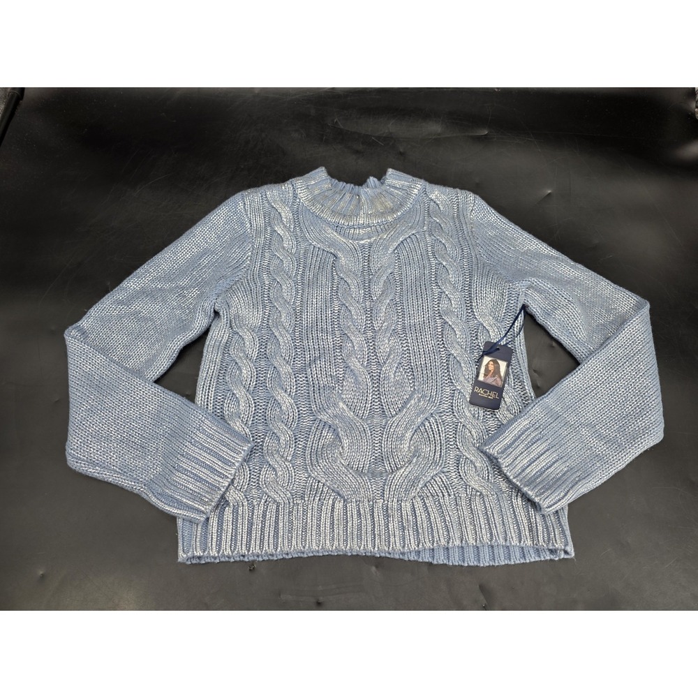 Rachel Roy Women's Sweater Mock Neck Metallic Denim Blue Cable Knit NWT Medium